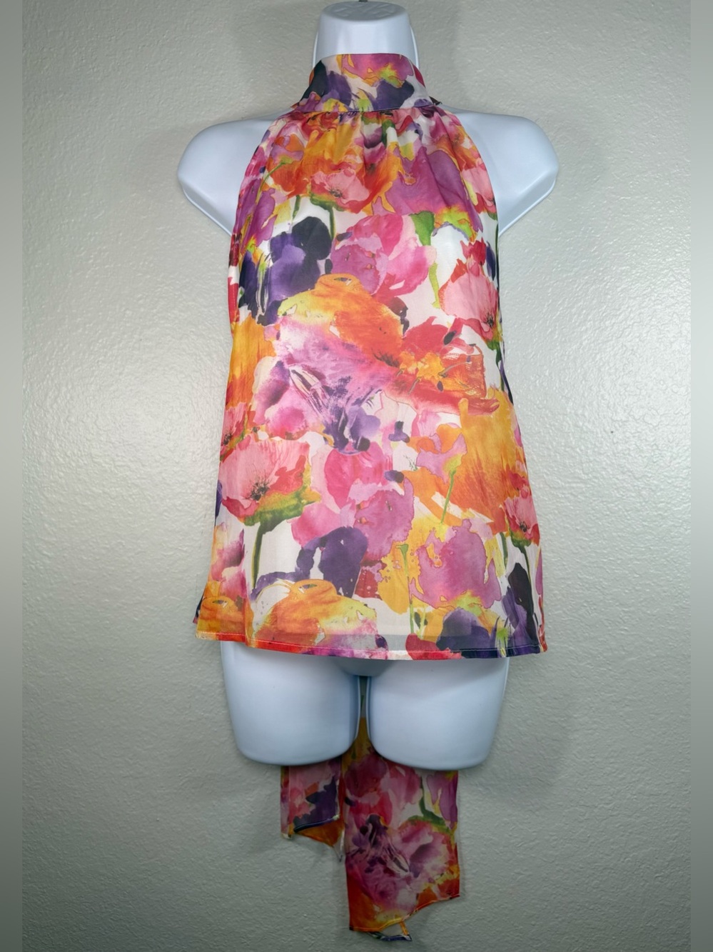 NY&C Floral Sleeveless Halter‎ Top Size L Long Neck Tie Sheer Lightweight